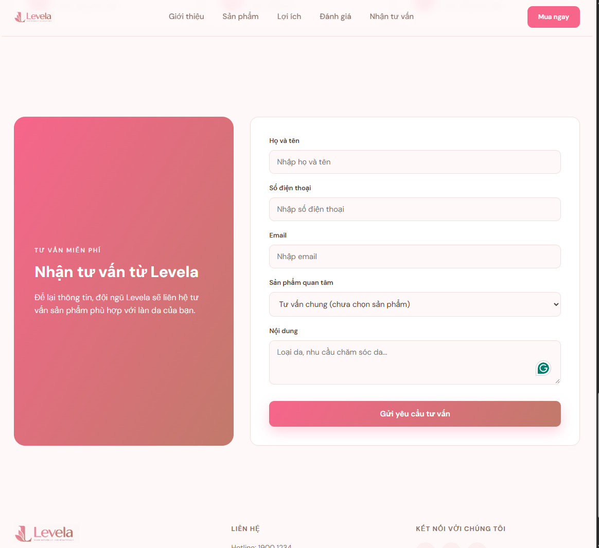 Form nhận tư vấn ở cuối Landing Page levela