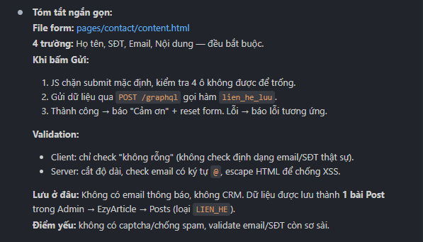 AI kiểm tra form liên hệ hiện tại của website Ezyvora