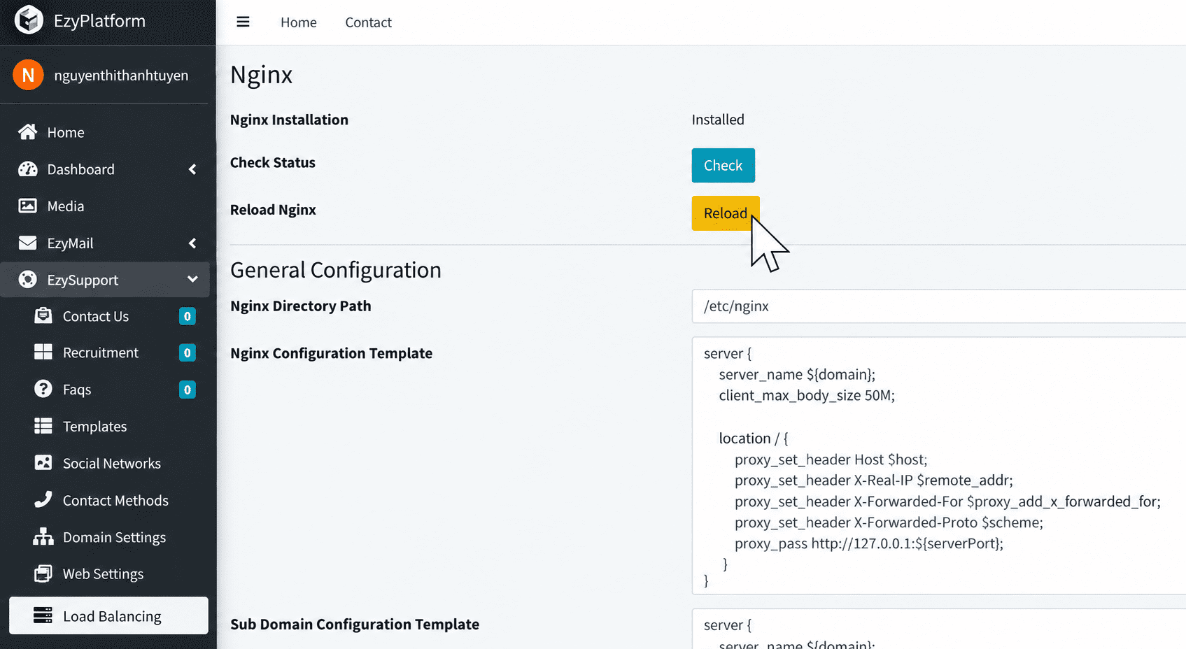 Thông báo kiểm tra Nginx và nút Reload, phần 1