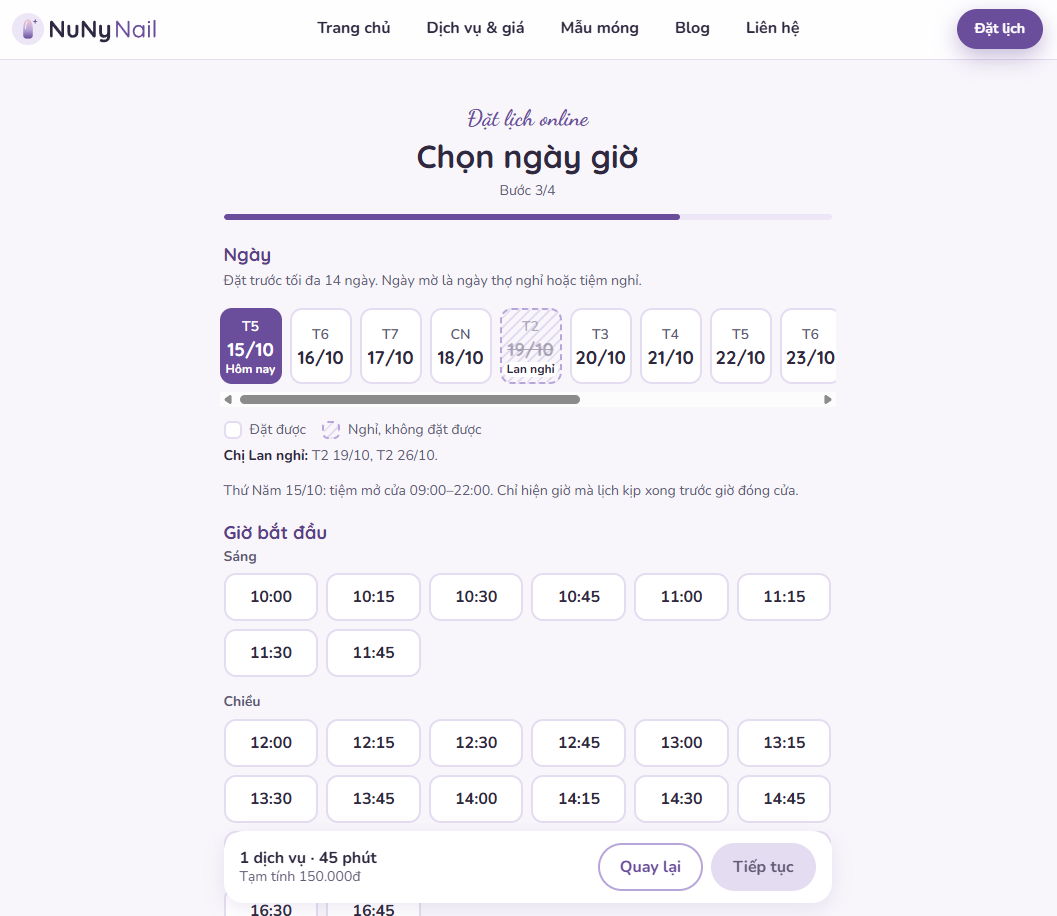 Trang /dat-lich hiển thị các giờ còn trống dạng nút bấm