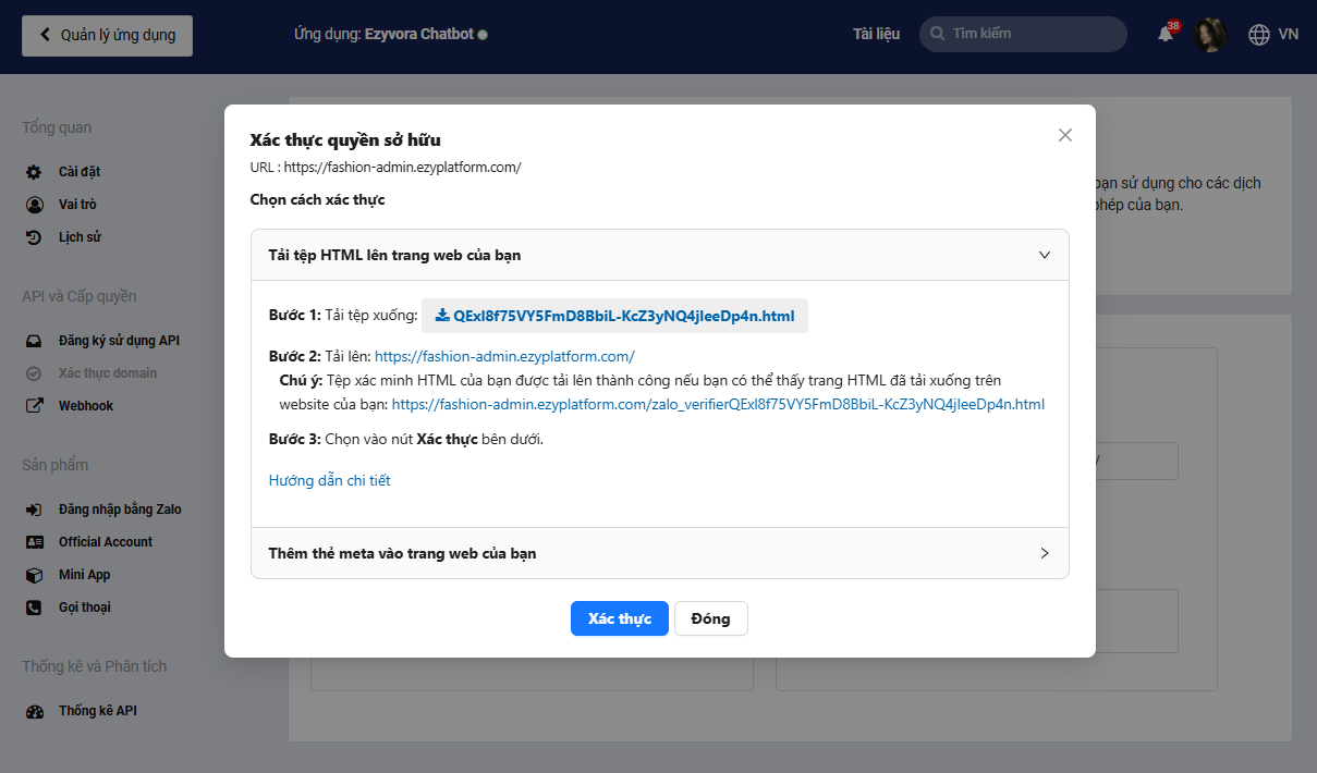 Tải file HTML để xác thực quyền sở hữu website
