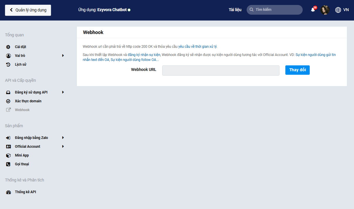 Chọn Webhook trong menu API và Cấp quyền của Zalo for Developers