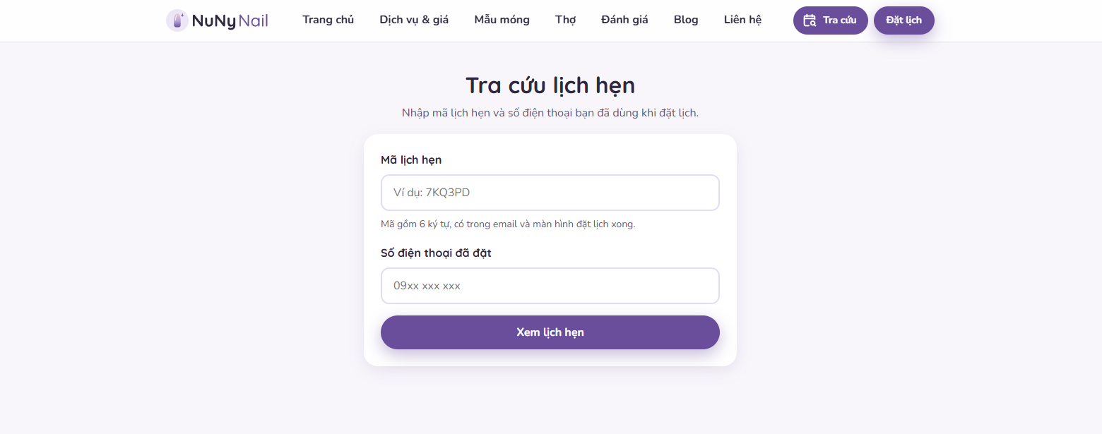 Trang Tra cứu lịch hẹn với ô mã lịch hẹn và số điện thoại đã đặt
