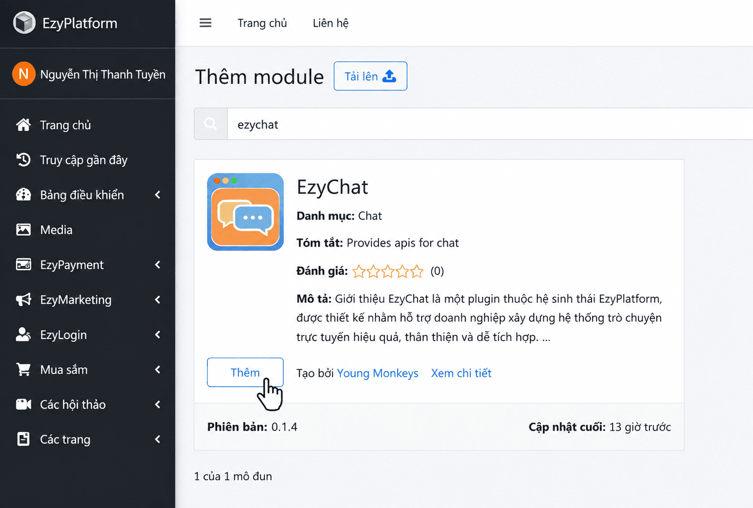 Tìm và cài đặt plugin EzyChat trên EzyPlatform