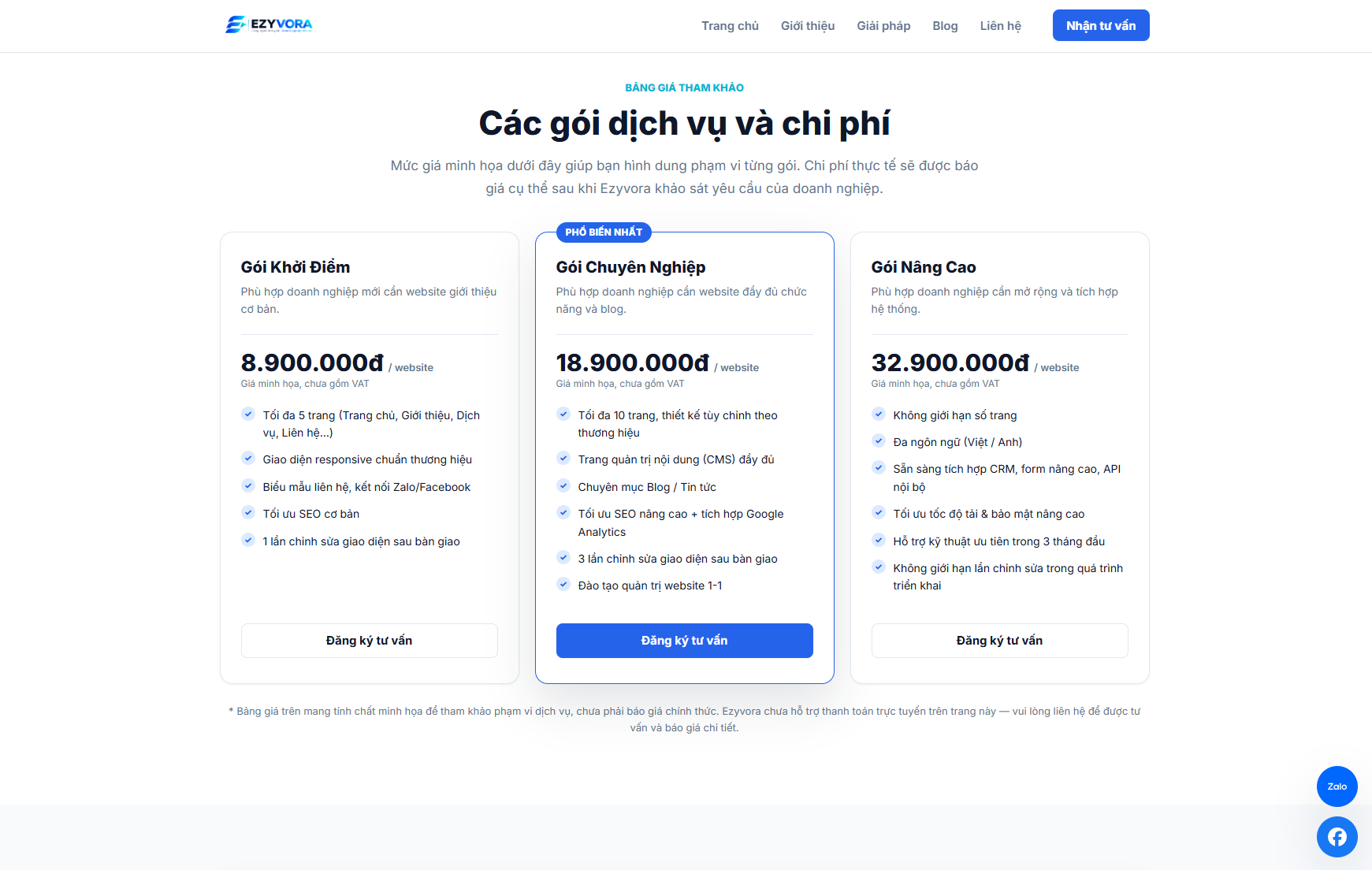 Các gói dịch vụ, chi phí và CTA Đăng ký tư vấn
