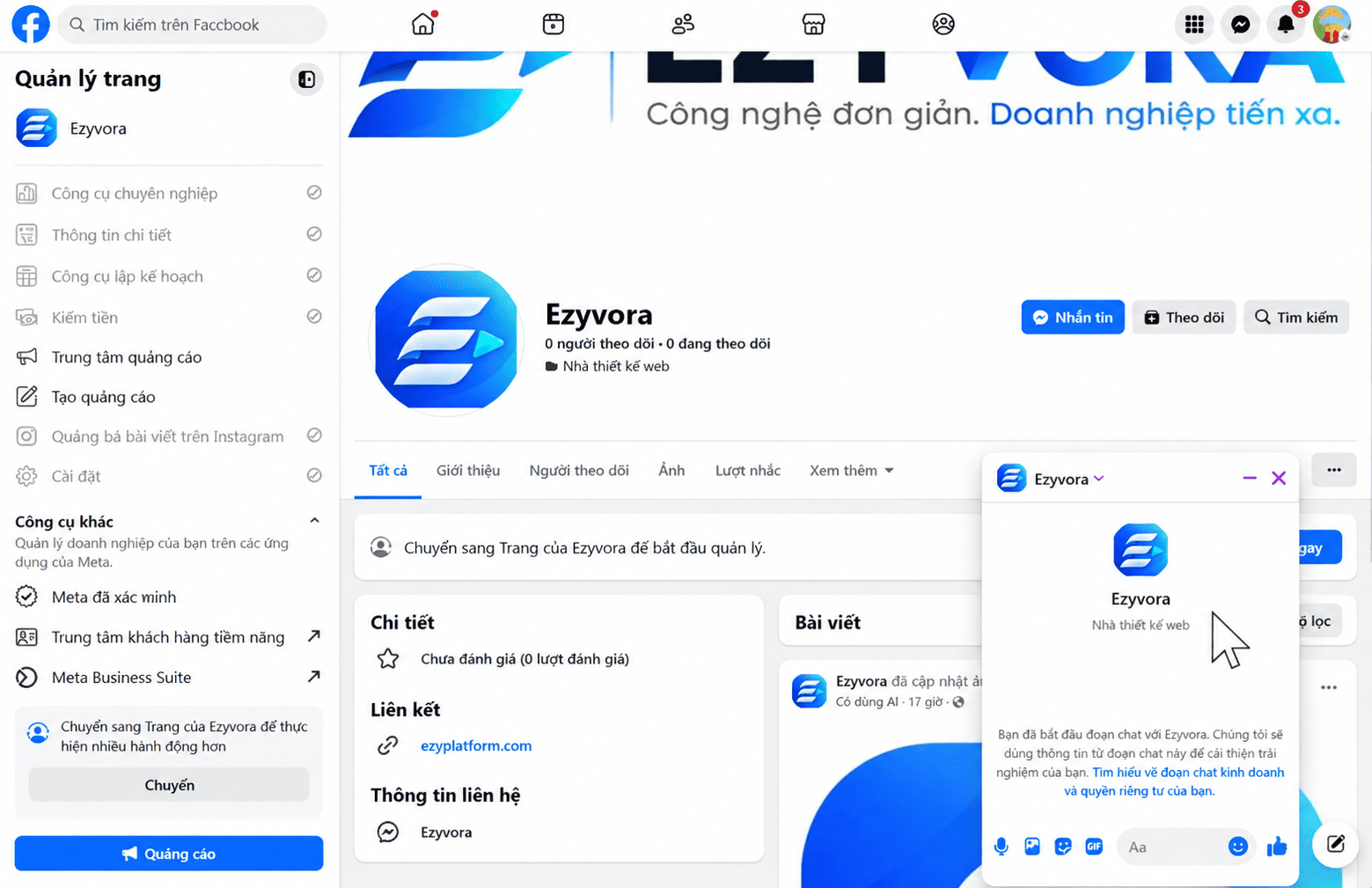 Mở cửa sổ Messenger trên Facebook Page Ezyvora