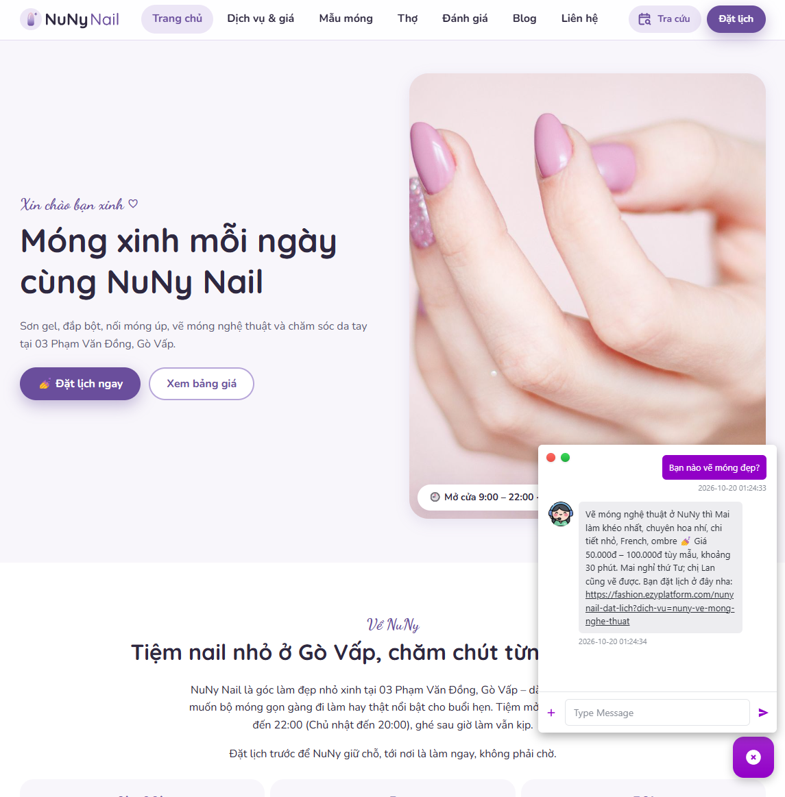 Chatbot gợi ý thợ Mai vẽ móng đẹp kèm đường dẫn đặt lịch