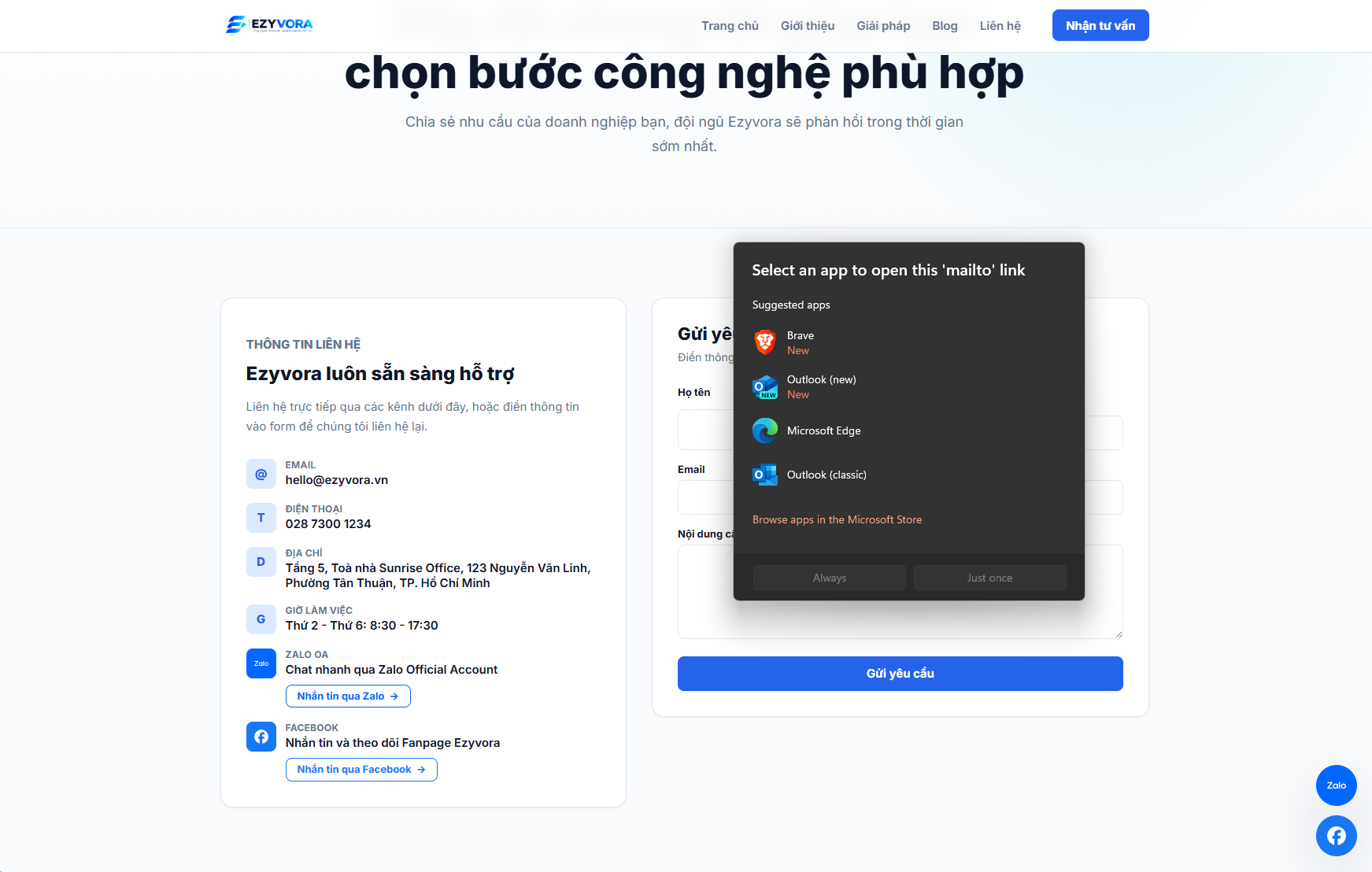 Khu vực Thông tin liên hệ hiển thị dữ liệu thật sau khi cập nhật