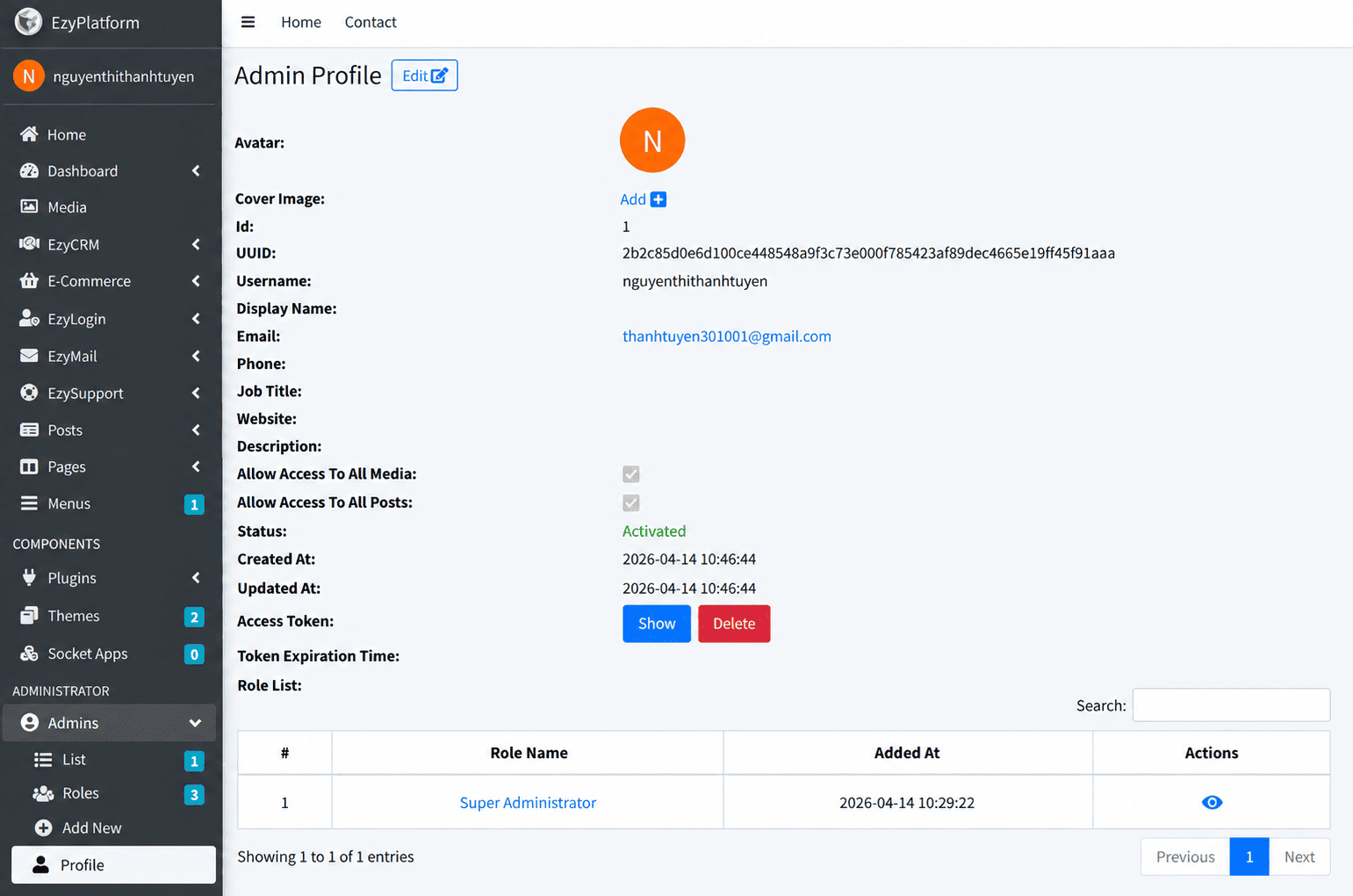 Khu vực Access Token trong Admin Profile