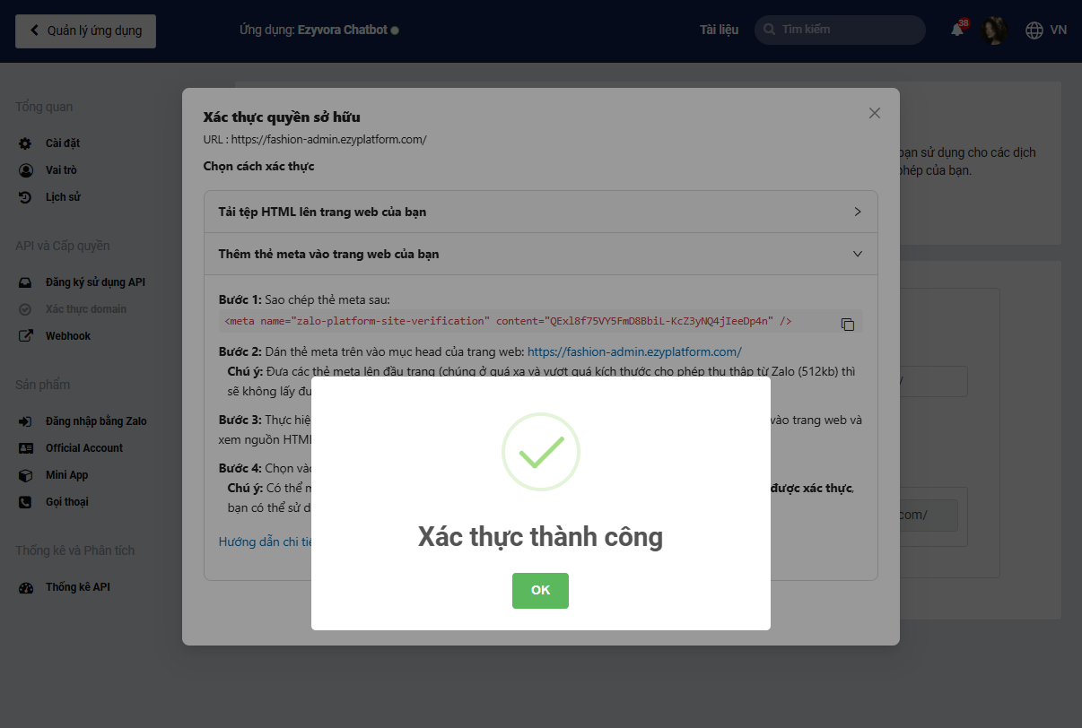 Thông báo Xác thực thành công từ Zalo