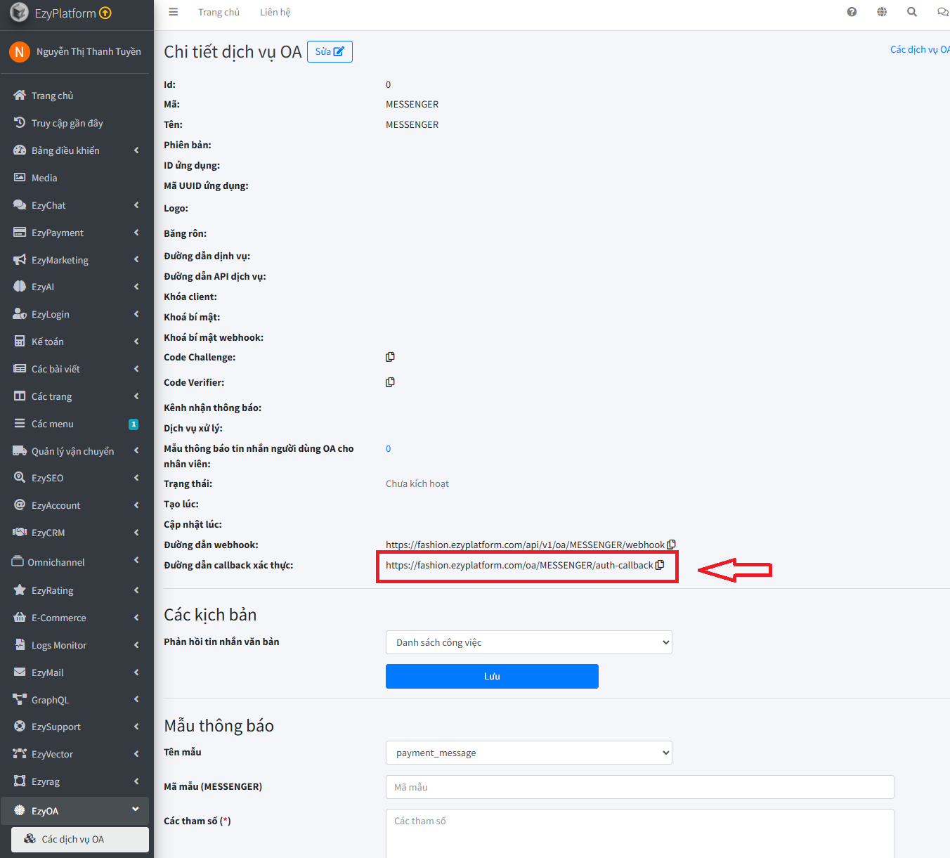 Sao chép Đường dẫn callback xác thực của dịch vụ MESSENGER