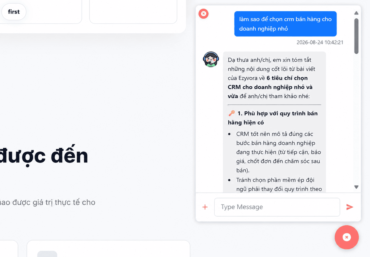 Chatbot trả lời câu hỏi thử nghiệm về Ezyvora