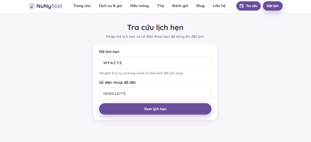 Nhập mã lịch hẹn và số điện thoại đã đặt vào trang tra cứu