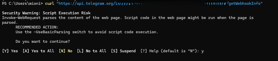 Gọi API getWebhookInfo để kiểm tra trạng thái webhook