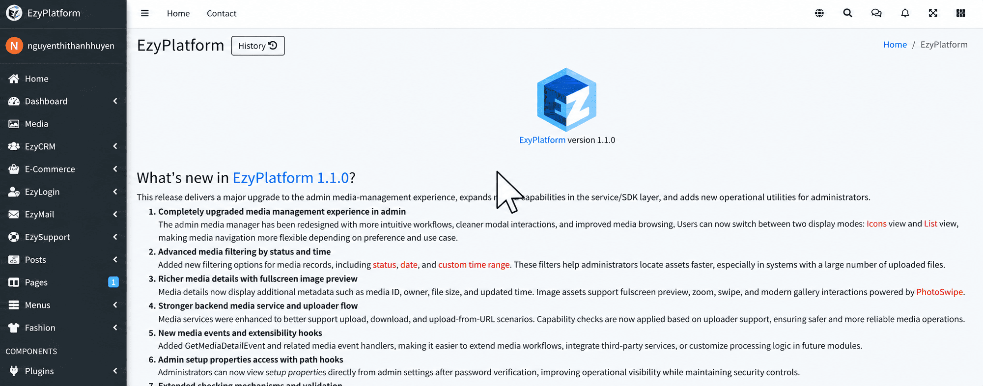 Giao diện EzyPlatform sau khi cài đặt phiên bản mới