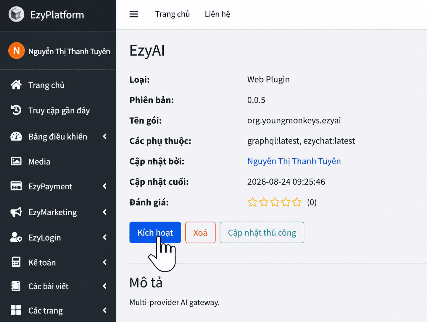 Kích hoạt plugin EzyAI