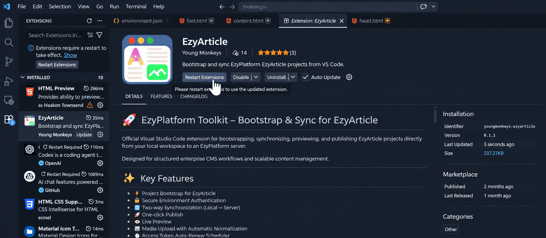 Restart Extensions sau khi cập nhật EzyArticle