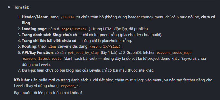 AI kiểm tra cấu trúc website trước khi bổ sung Blog cho Levela