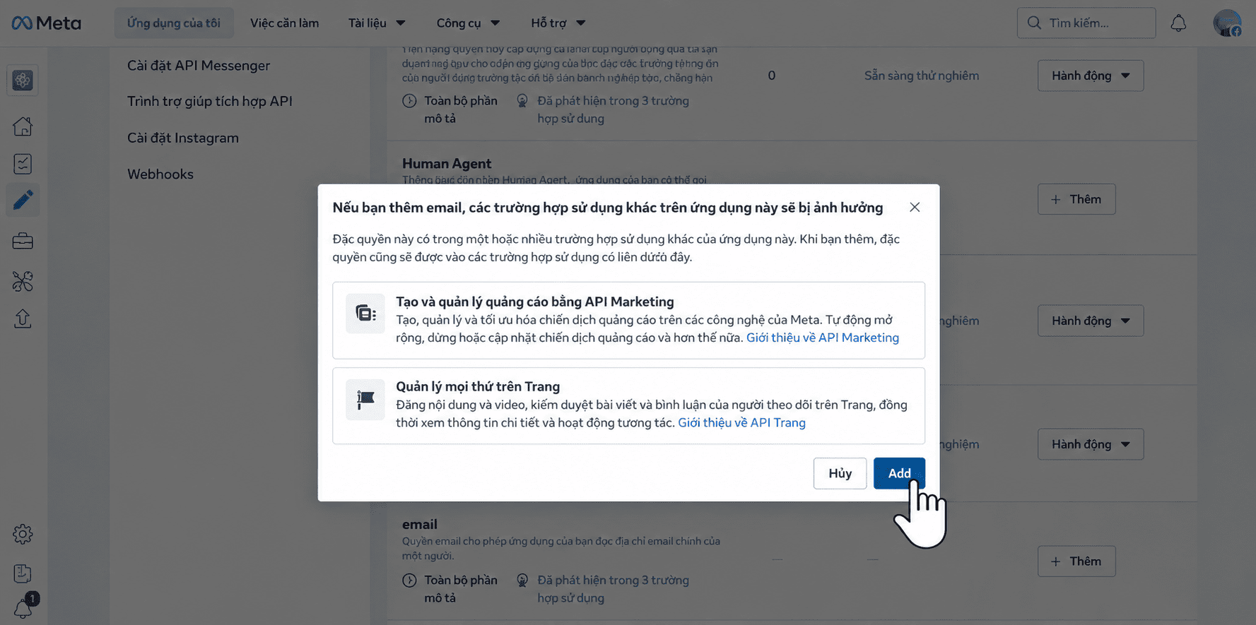 Nhấn Add để xác nhận thêm quyền email