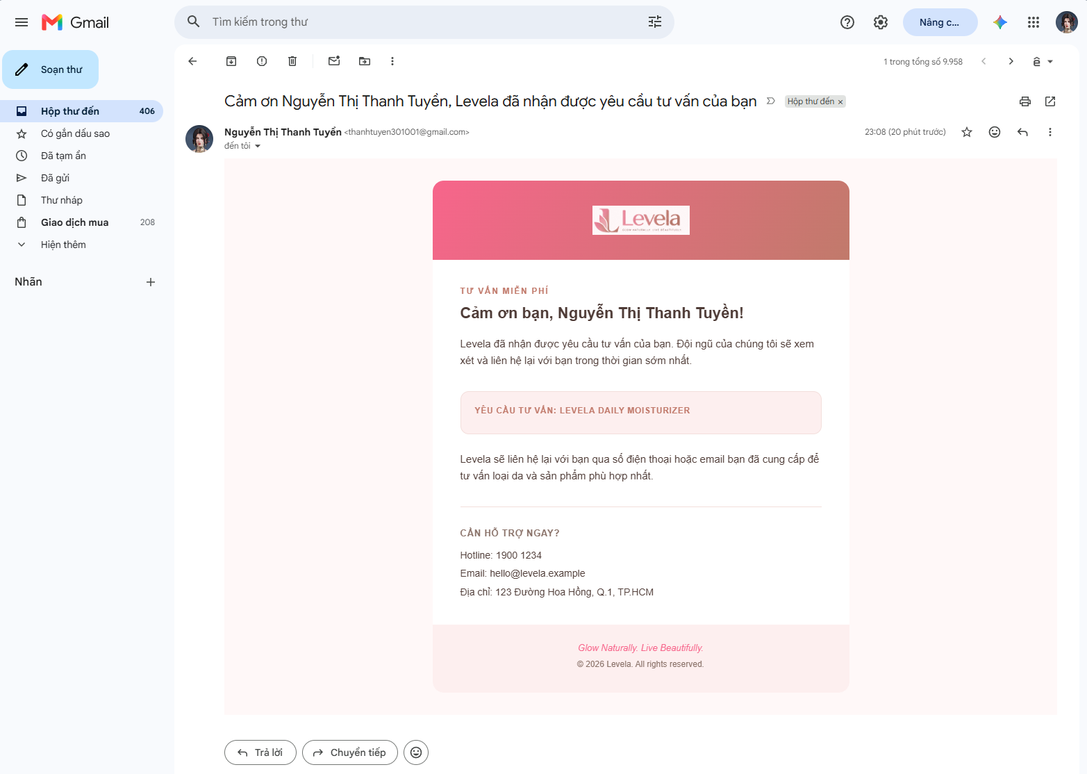 Email xác nhận yêu cầu tư vấn Levela trong hộp thư khách hàng