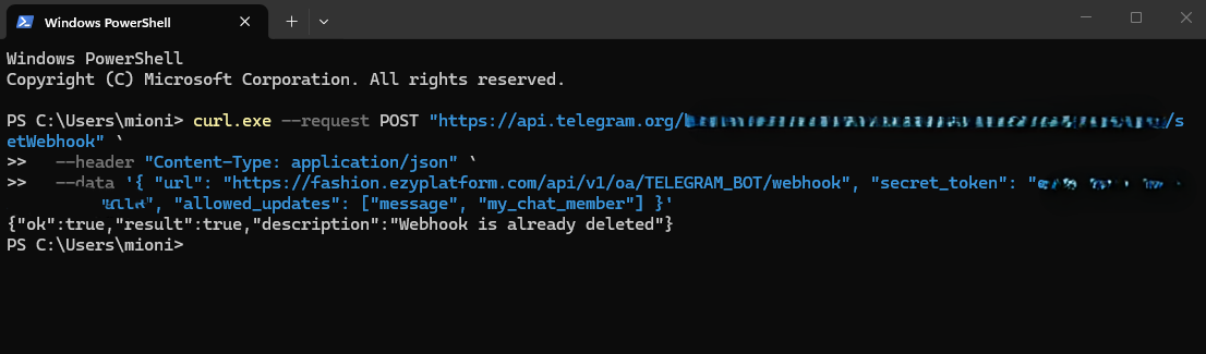 Kết quả Telegram trả về sau khi đăng ký Webhook