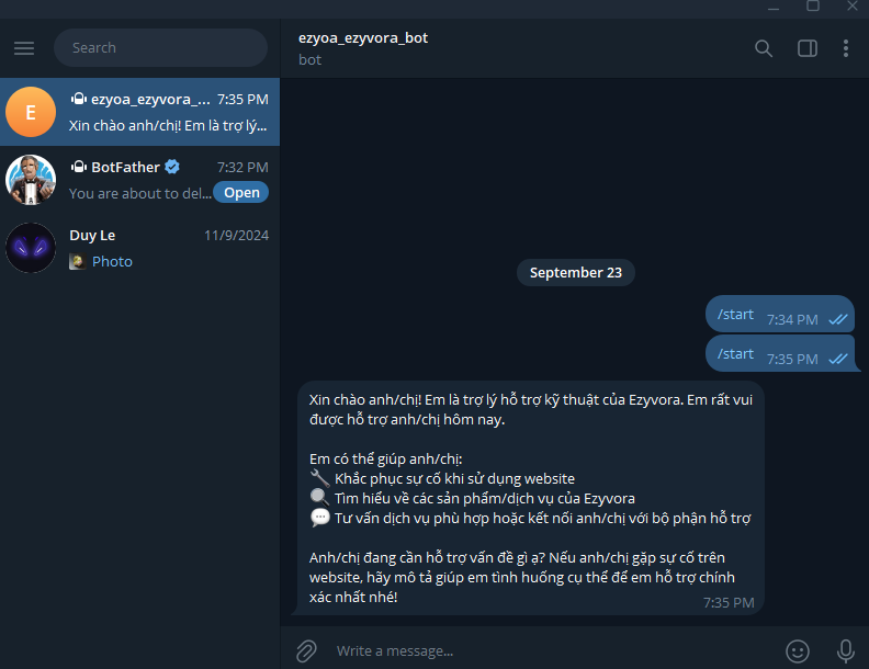 Chatbot Ezyvora phản hồi lời chào trên Telegram