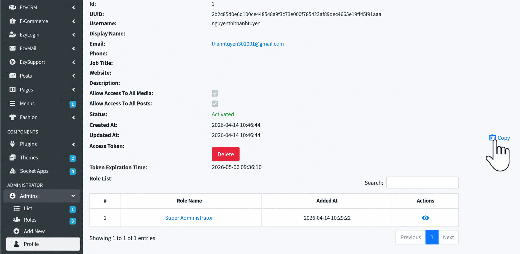 Sao chép toàn bộ chuỗi Access Token