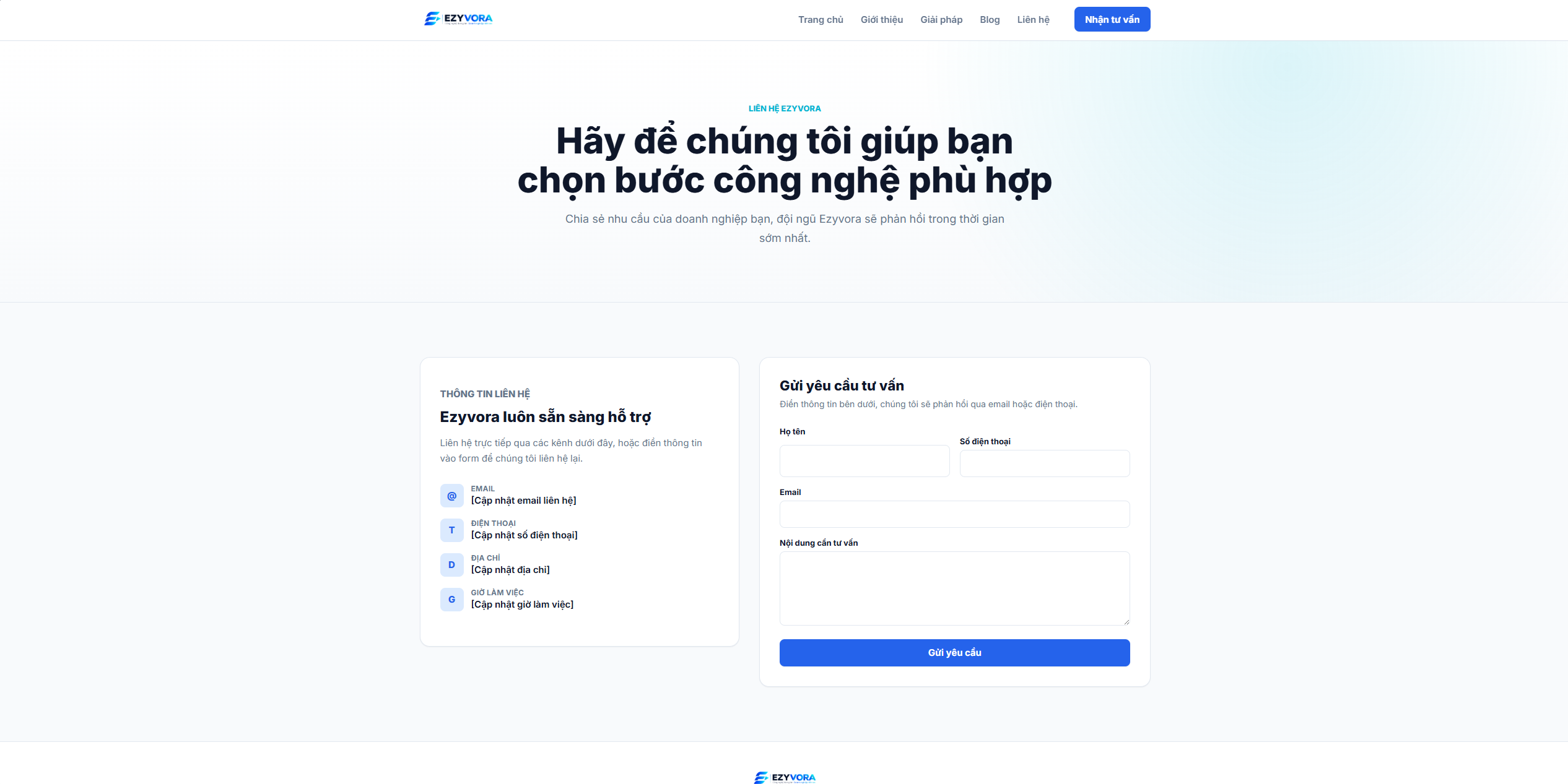 Form đăng ký dịch vụ trên website Ezyvora