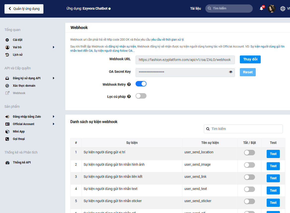 Danh sách sự kiện webhook và OA Secret Key trên Zalo for Developers