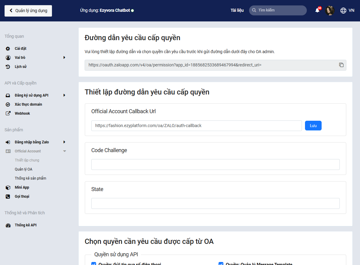 Lưu Official Account Callback Url sau khi dán đường dẫn