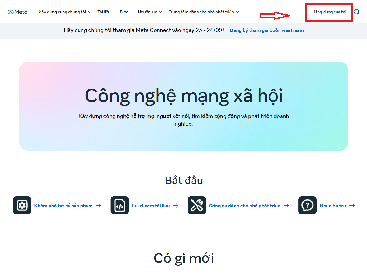 Mở Ứng dụng của tôi trên Meta for Developers