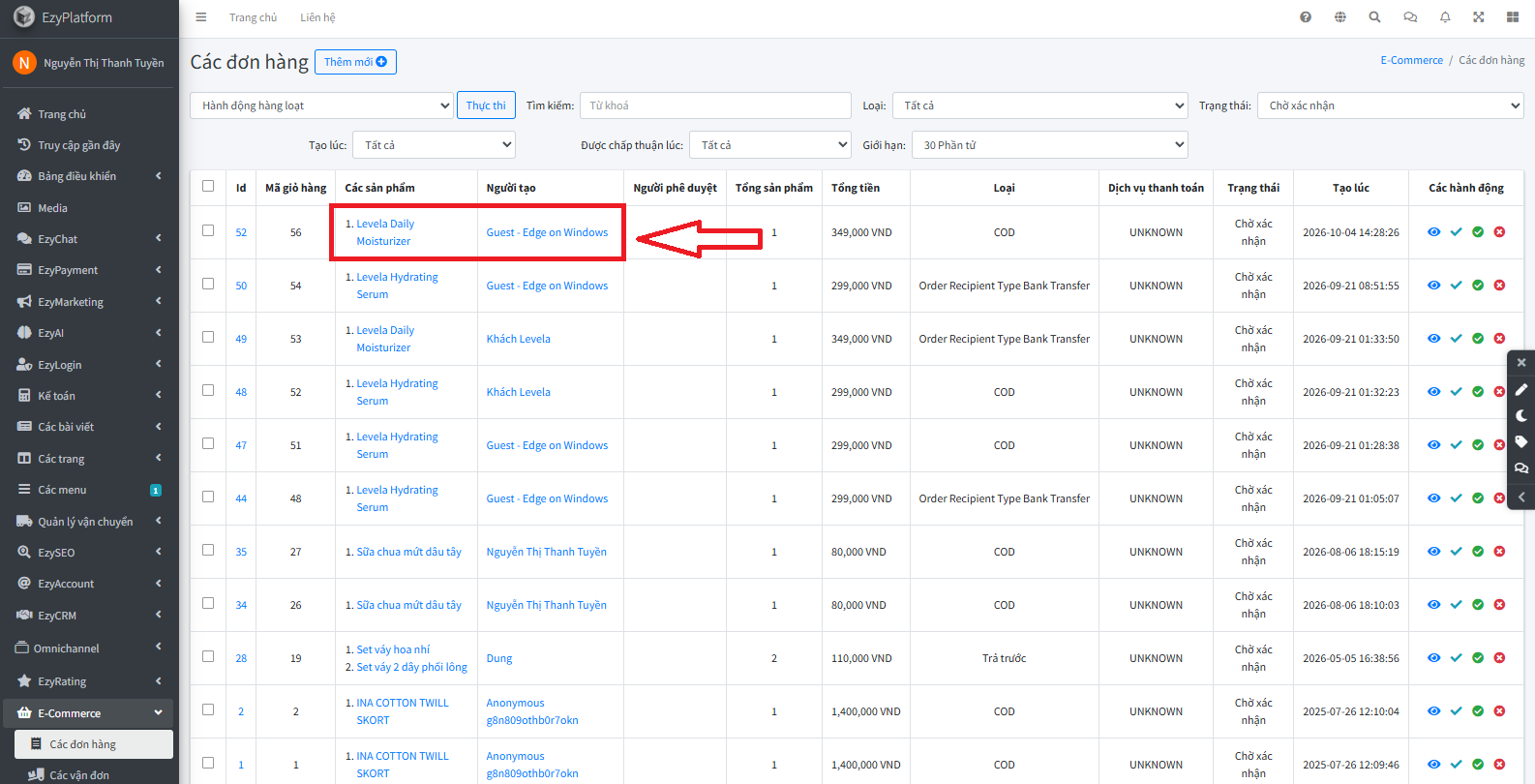 Đơn hàng vừa tạo trong Ecommerce