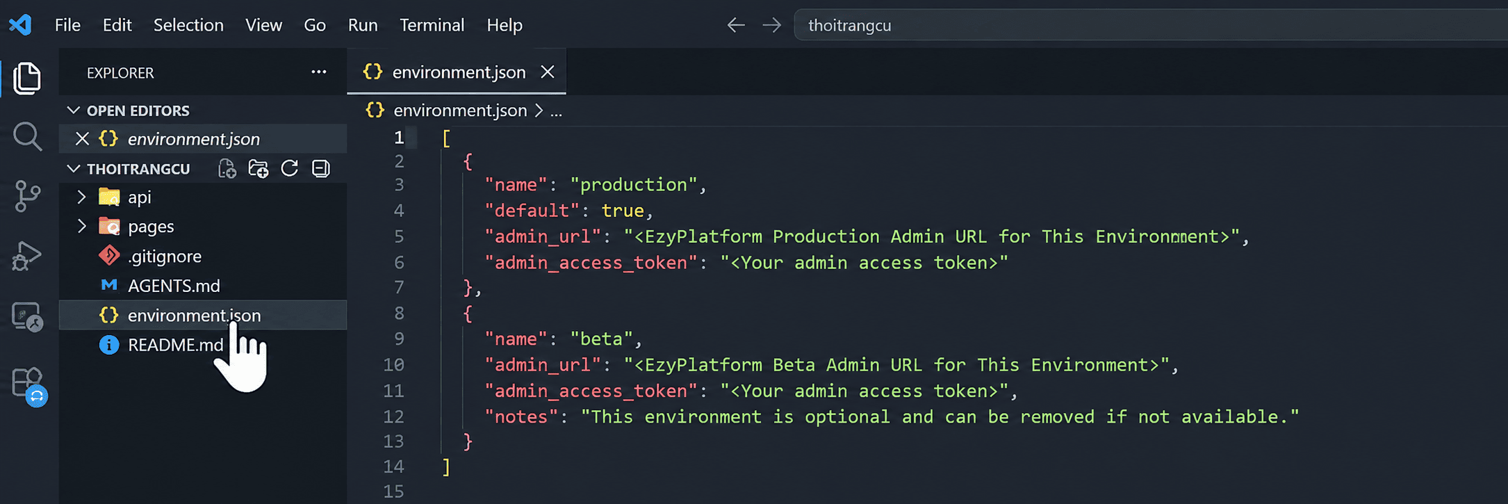 File environment.json trong project EzyArticle