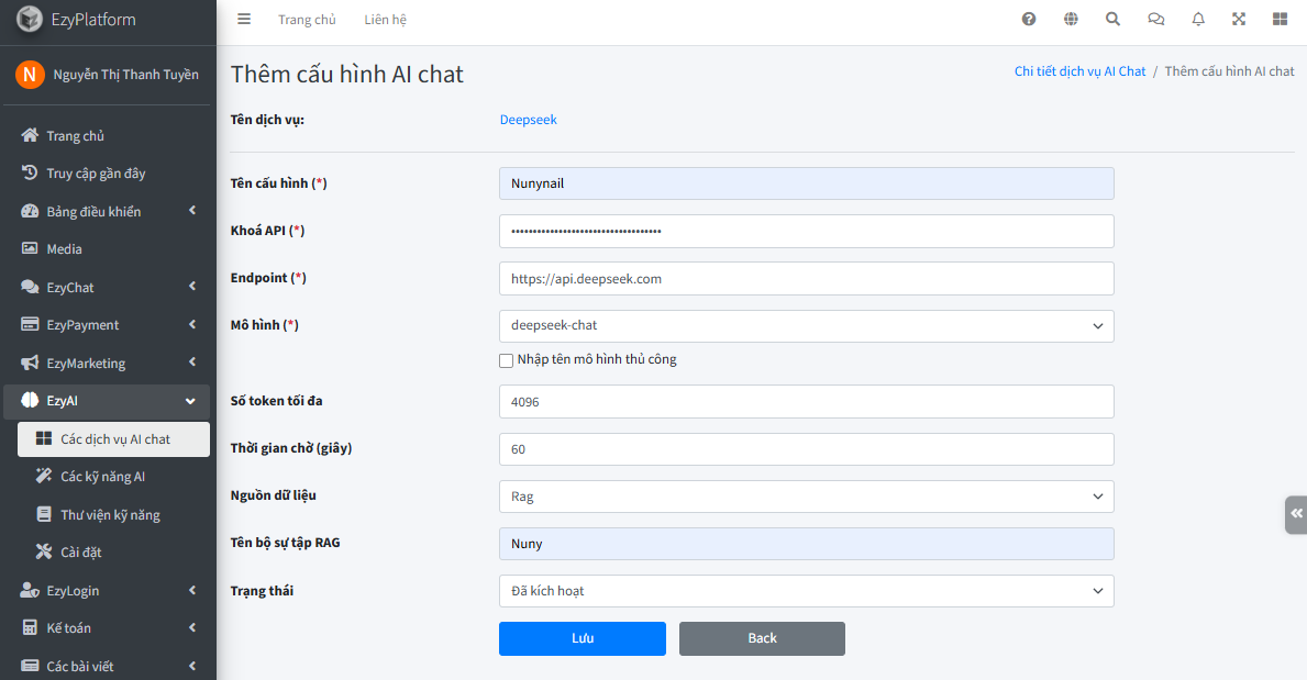 Form Thêm cấu hình AI chat Nunynail với mô hình deepseek-chat và nguồn dữ liệu RAG