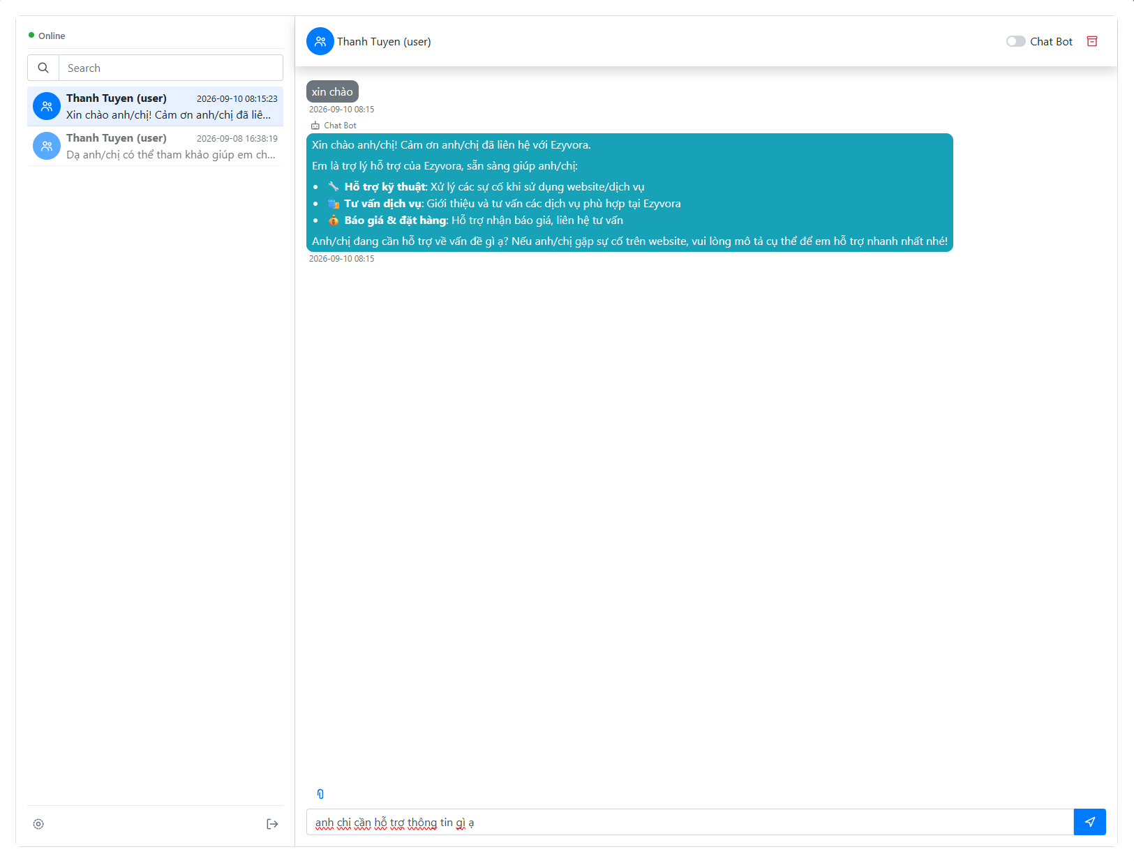 Nhân viên tắt Chat Bot và nhập tin nhắn trên EzyChat Support