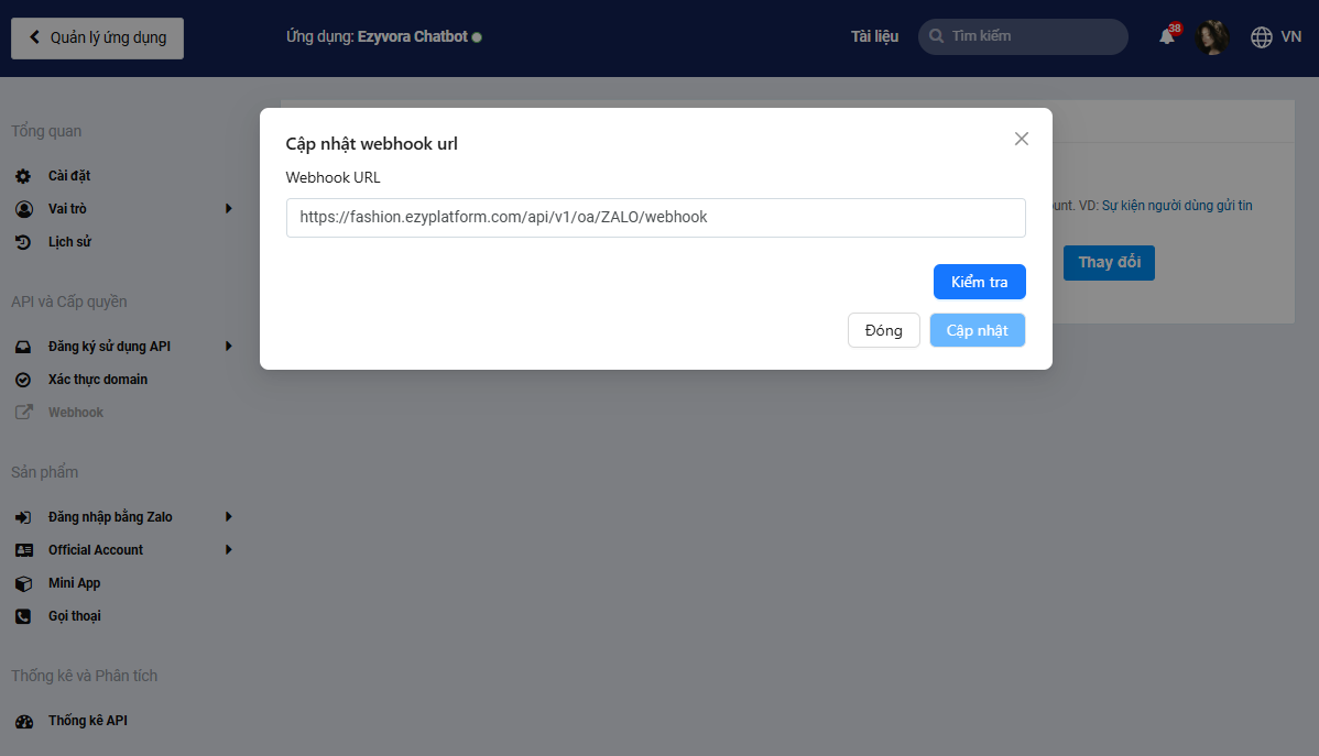 Nhấn Kiểm tra sau khi nhập Webhook URL