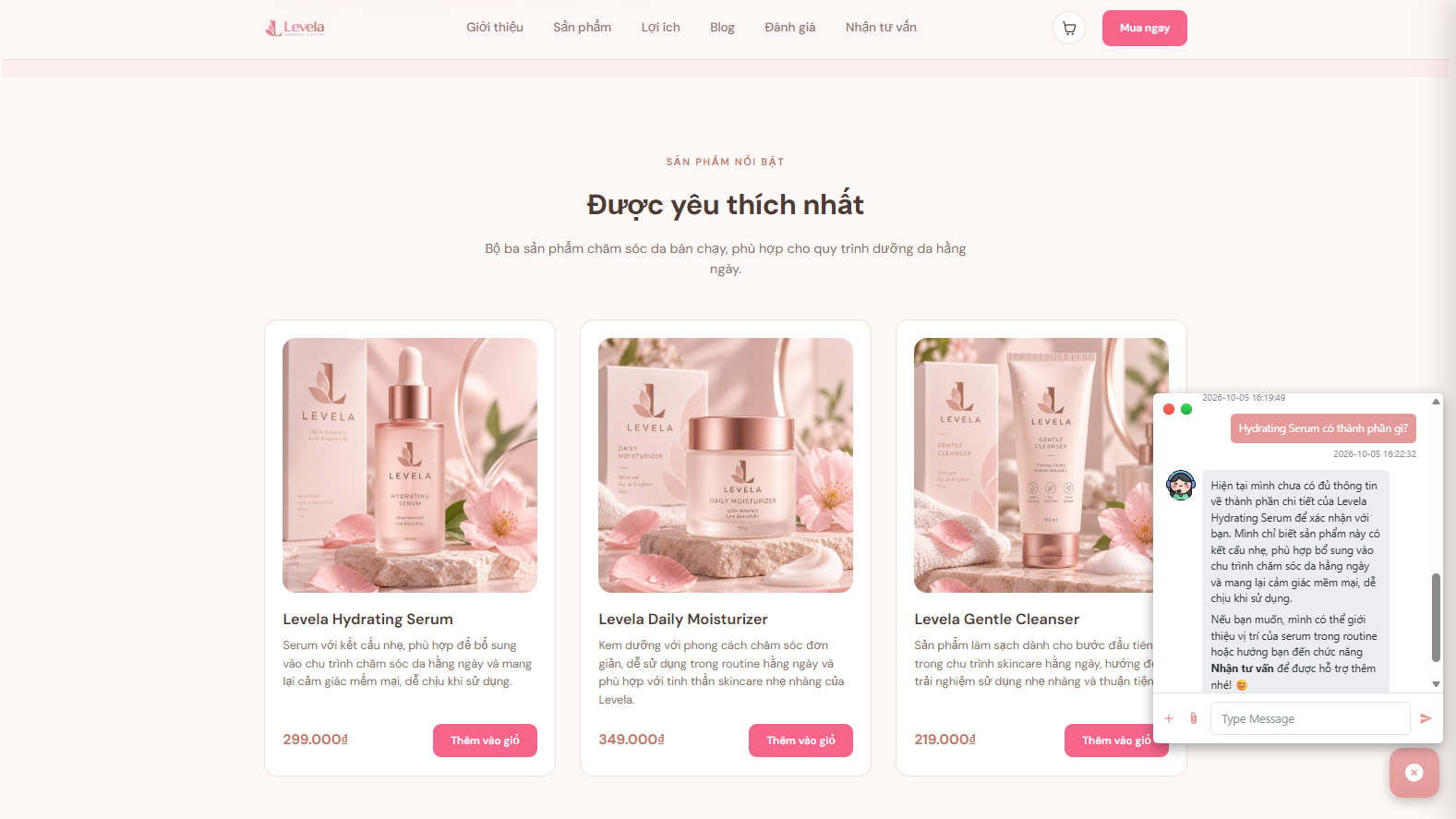 Chatbot trả lời câu hỏi thành phần Hydrating Serum khi chưa có dữ liệu