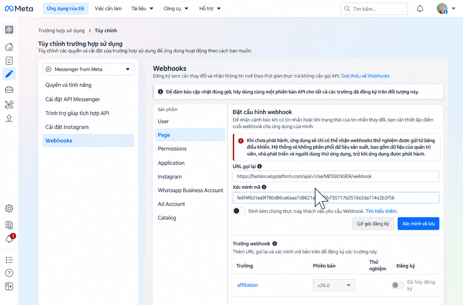 Điền URL gọi lại và Xác minh mã cho Webhook Page