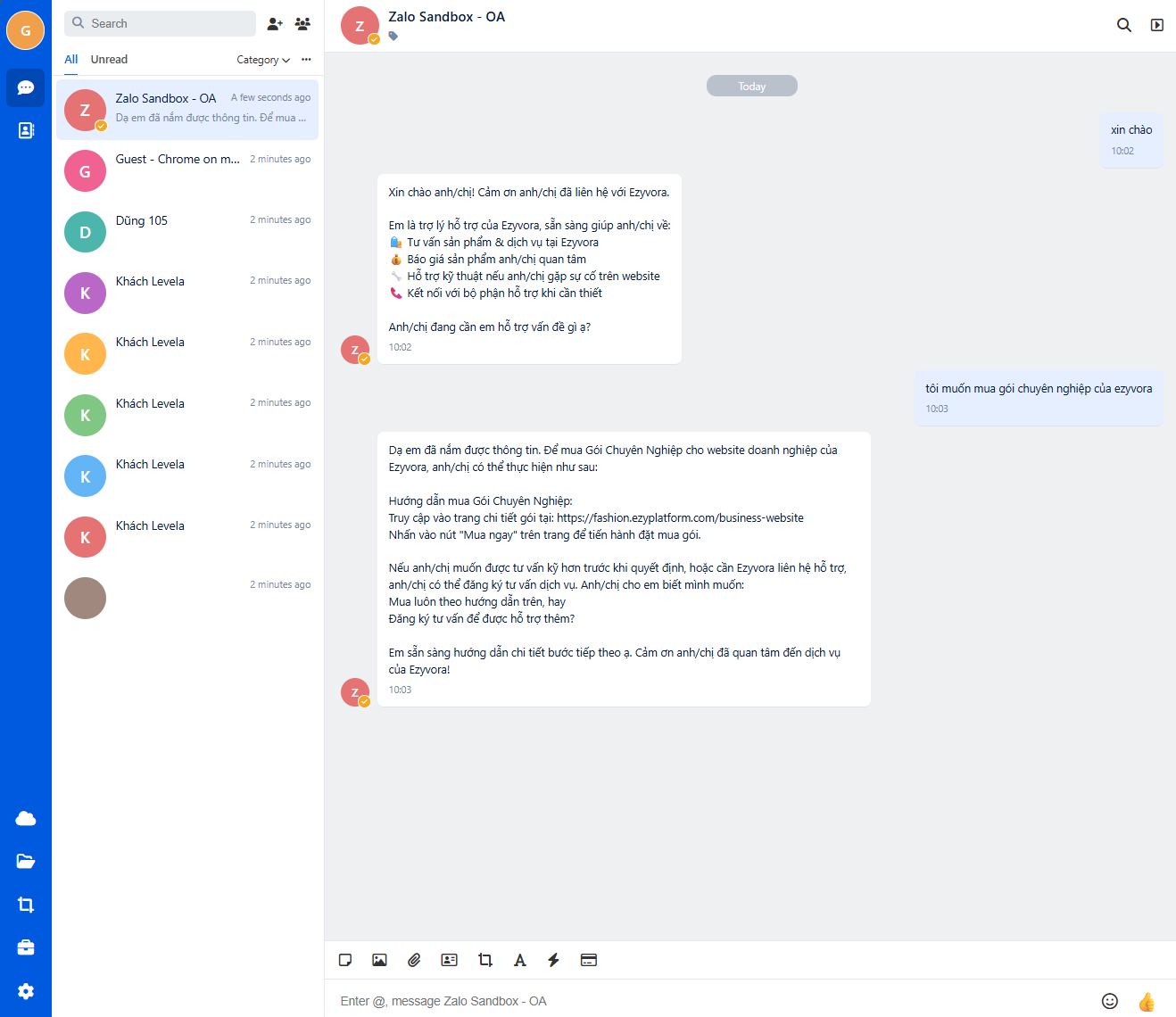 Chatbot Ezyvora tư vấn Gói Chuyên Nghiệp cho khách hàng trên Zalo