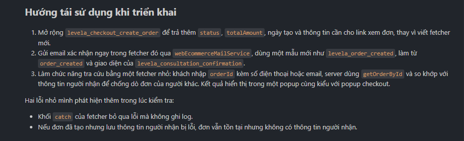 Kết quả kiểm tra luồng đặt hàng hiện tại