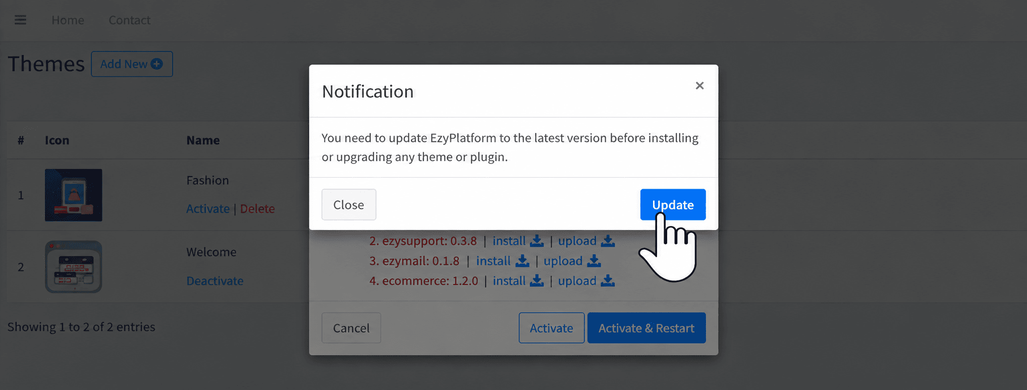 Thông báo You need to update EzyPlatform first