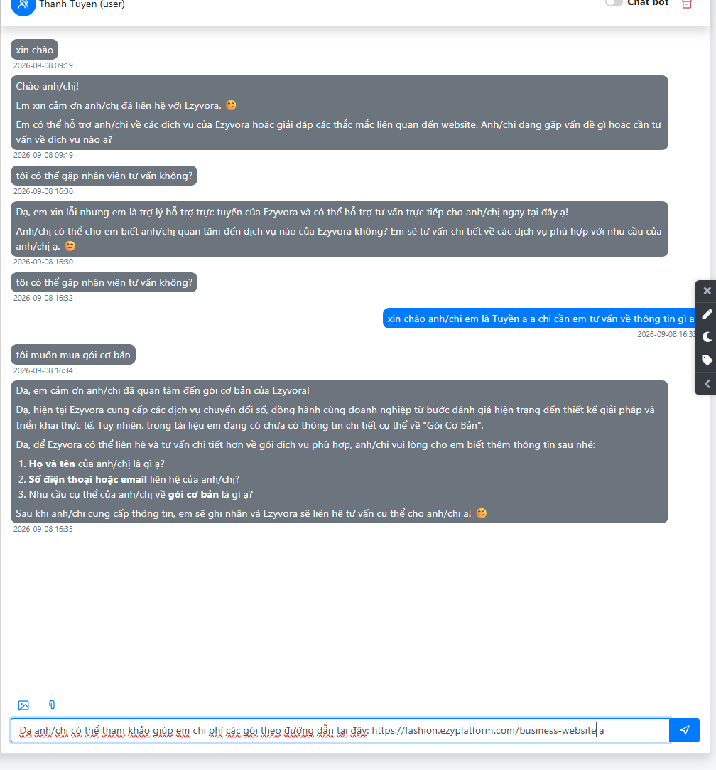 Nhân viên tắt Chat bot và gửi tin nhắn phản hồi