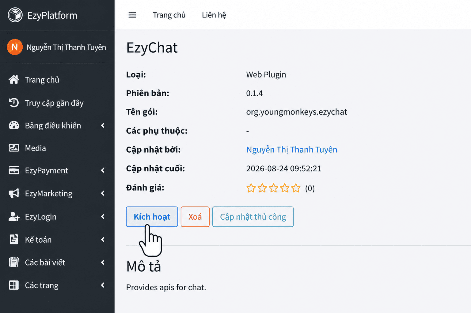 Kích hoạt plugin EzyChat