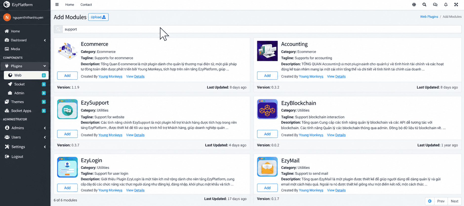 Thêm plugin EzySupport trong Add Modules