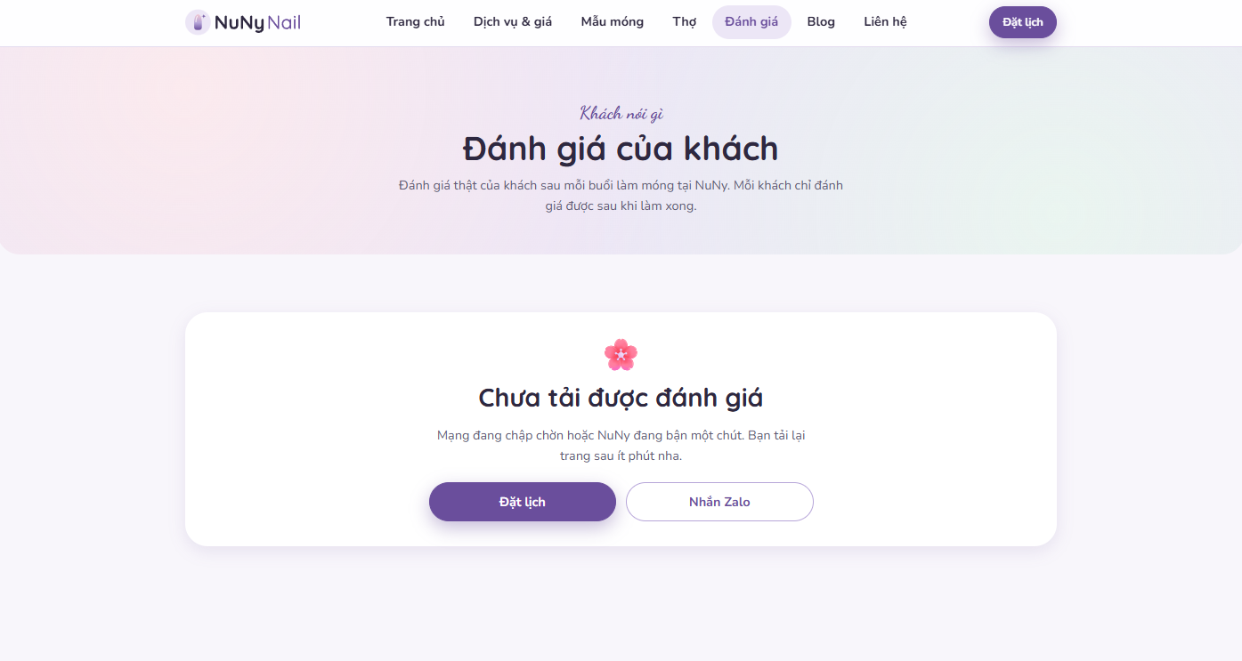 Trang đánh giá của Nuny Nail hiện thông báo thân thiện kèm nút Đặt lịch và Nhắn Zalo