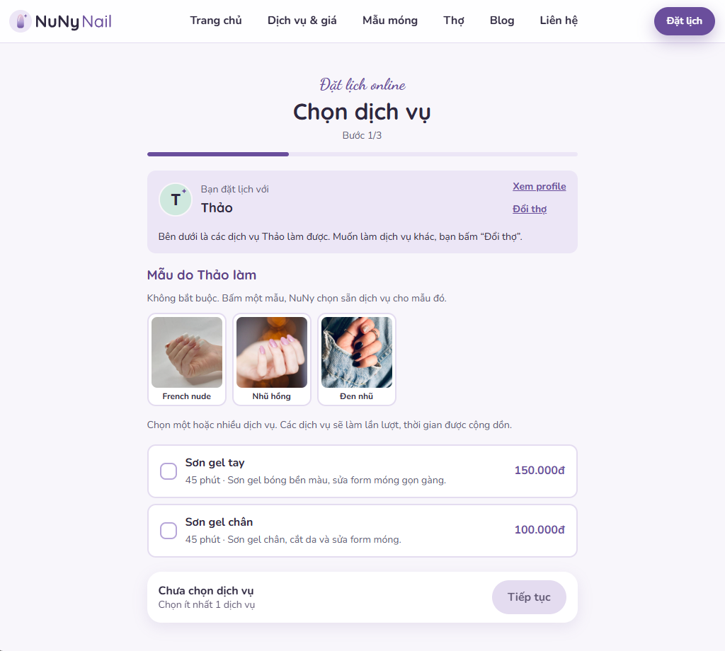 Trang /dat-lich đã chọn sẵn thợ Thảo, chỉ hiện dịch vụ Thảo làm được