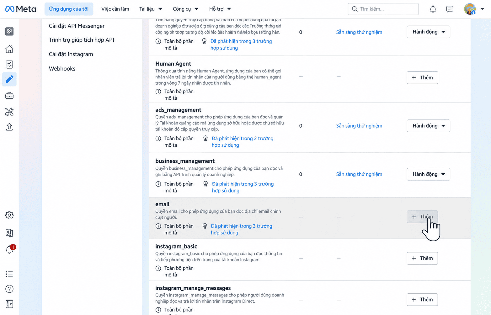 Tìm quyền email và nhấn Thêm