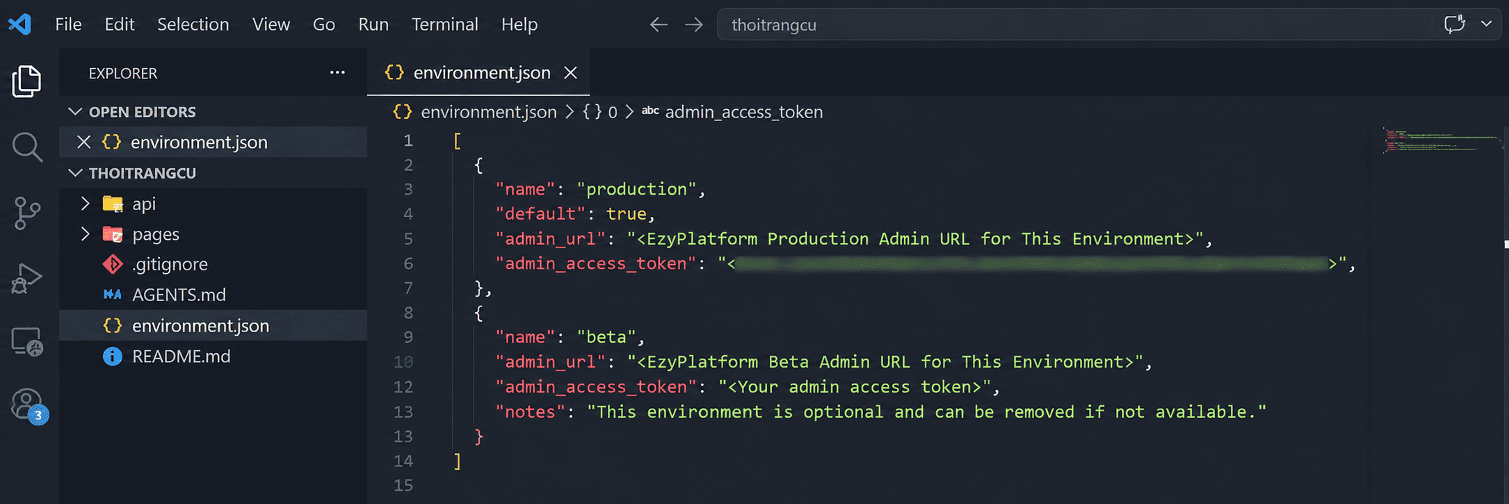 Điền admin_url và admin_access_token trong environment.json