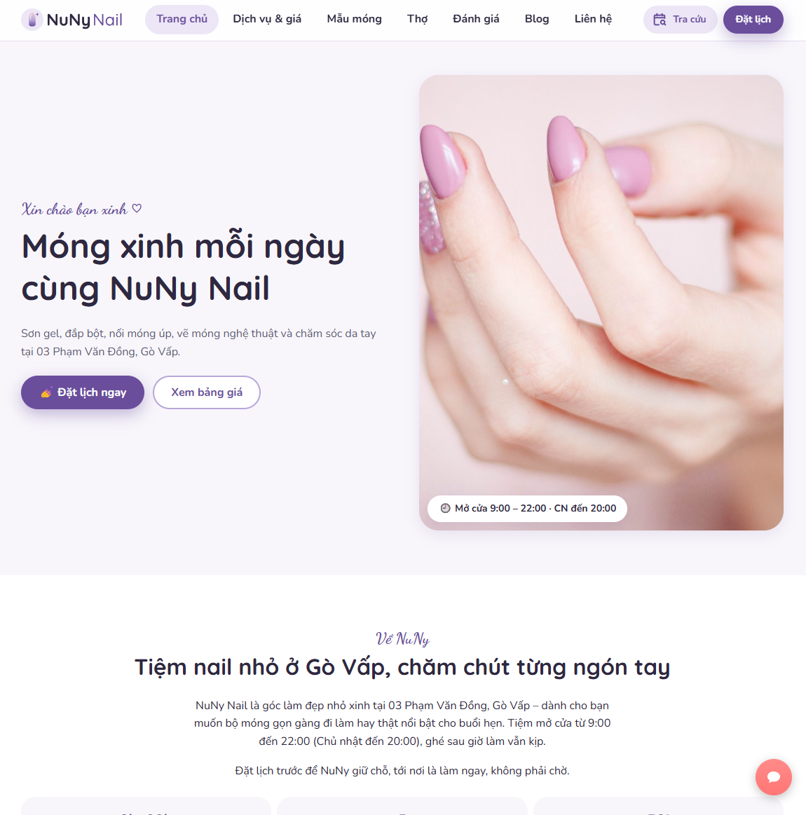 Trang chủ Nuny Nail với icon chatbot ở góc dưới bên phải
