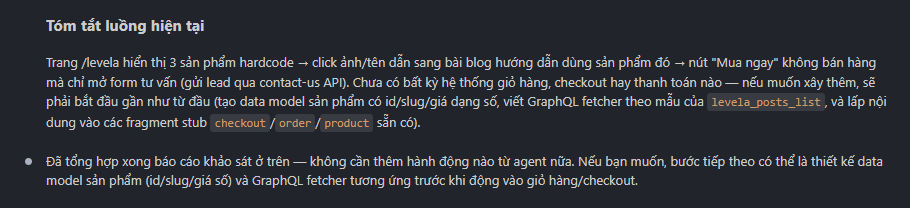 AI kiểm tra Product Section và các chức năng hiện tại trên Landing Page levela